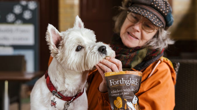 A dog and owner enjoying their snack break